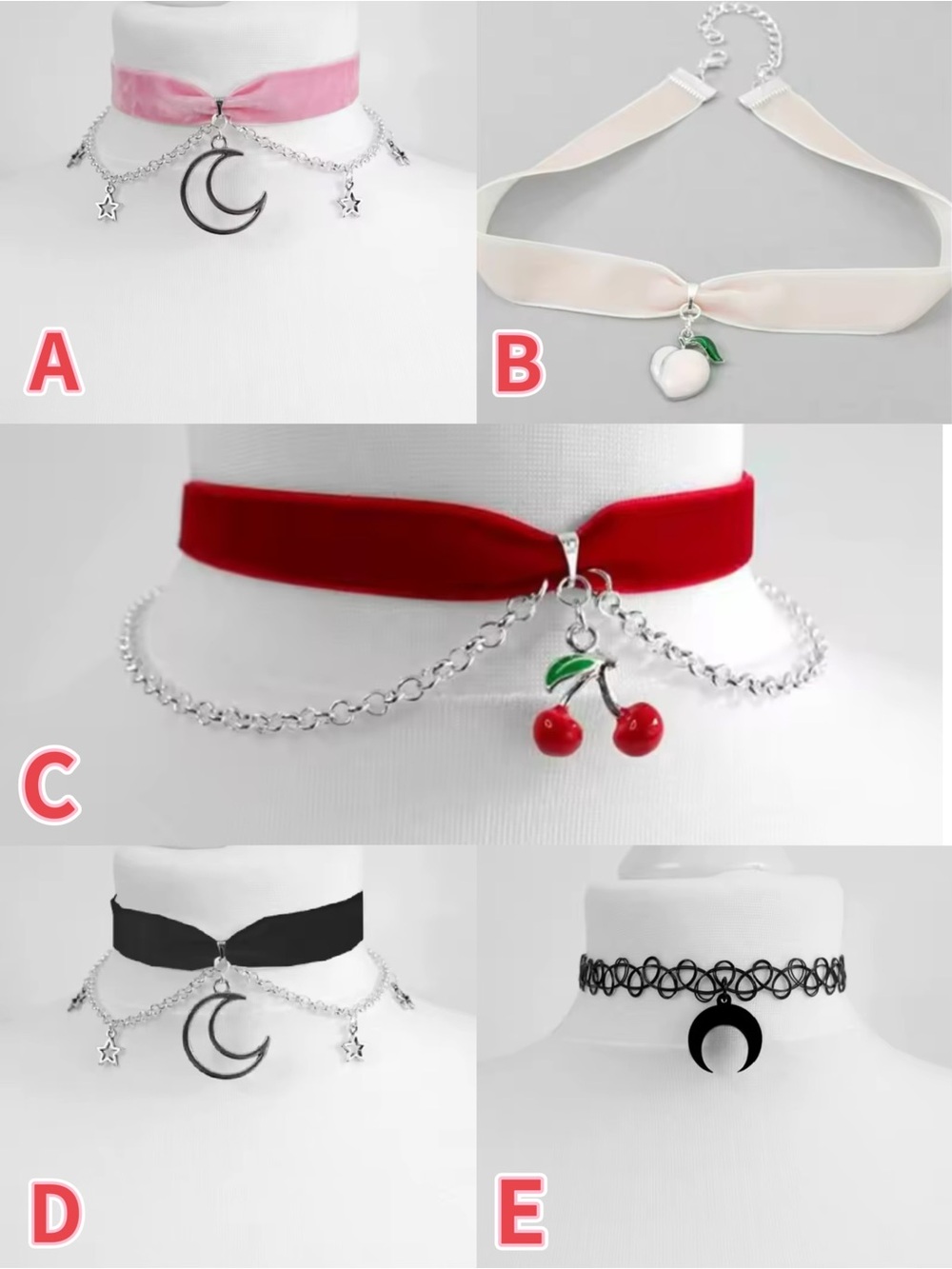 Velvet & Ribbon Charm Chokers - Moon, Cherry, Peach & Crescent Styles adjustable